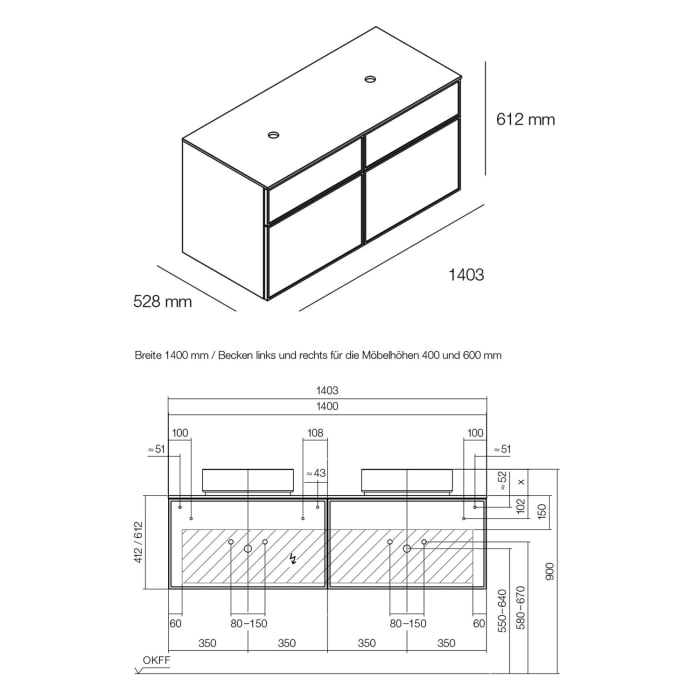 Alape Arkta Möbelmodul mit Trägerplatte 140 cm, Beckenposition links und rechts