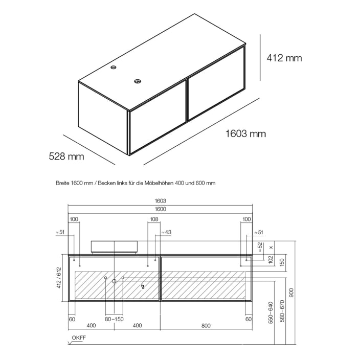 Alape Arkta Möbelmodul mit Trägerplatte 160 cm, Beckenposition links