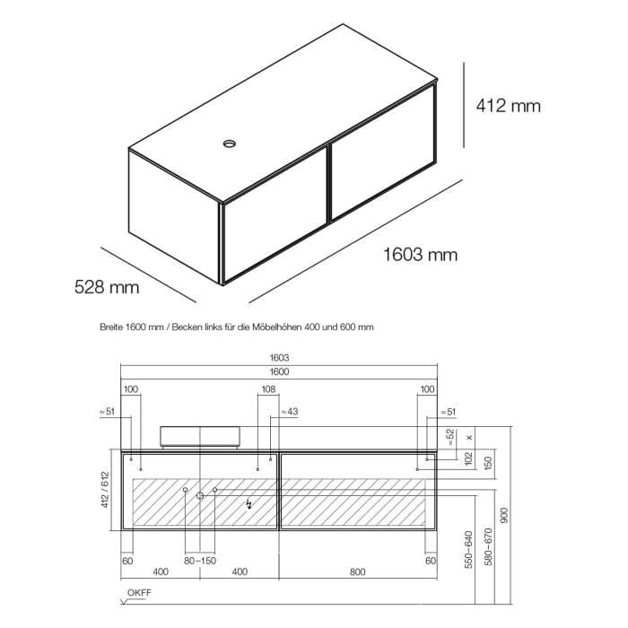 Alape Arkta Möbelmodul mit Trägerplatte 160 cm, Beckenposition links