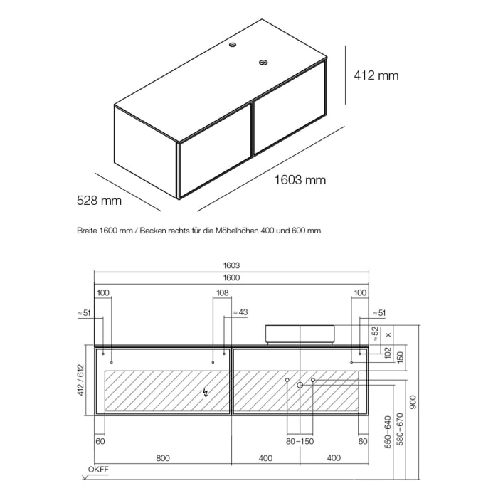 Alape Arkta Möbelmodul mit Trägerplatte 160 cm, Beckenposition rechts