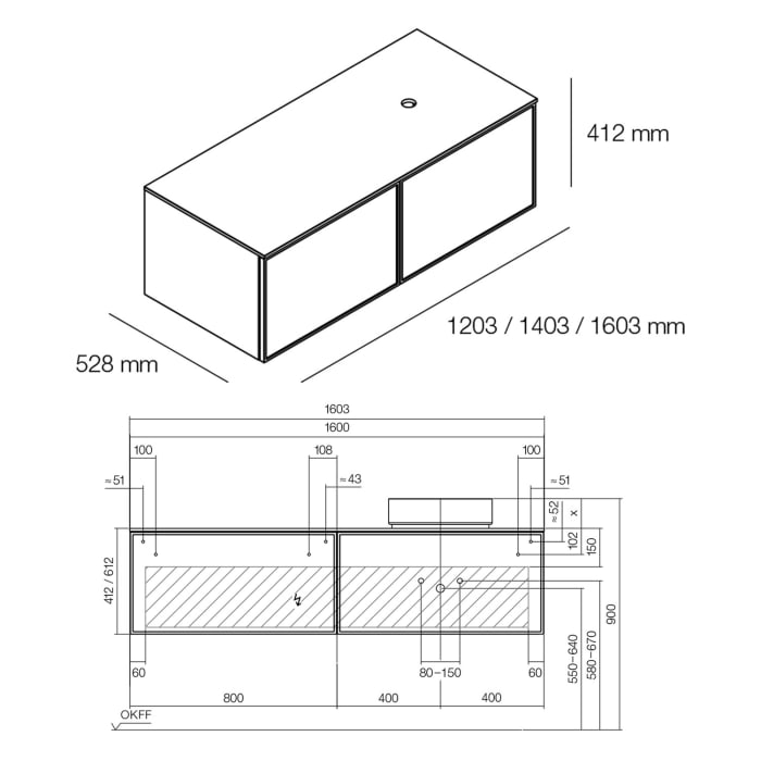 Alape Arkta Möbelmodul mit Trägerplatte 160 cm, Beckenposition rechts