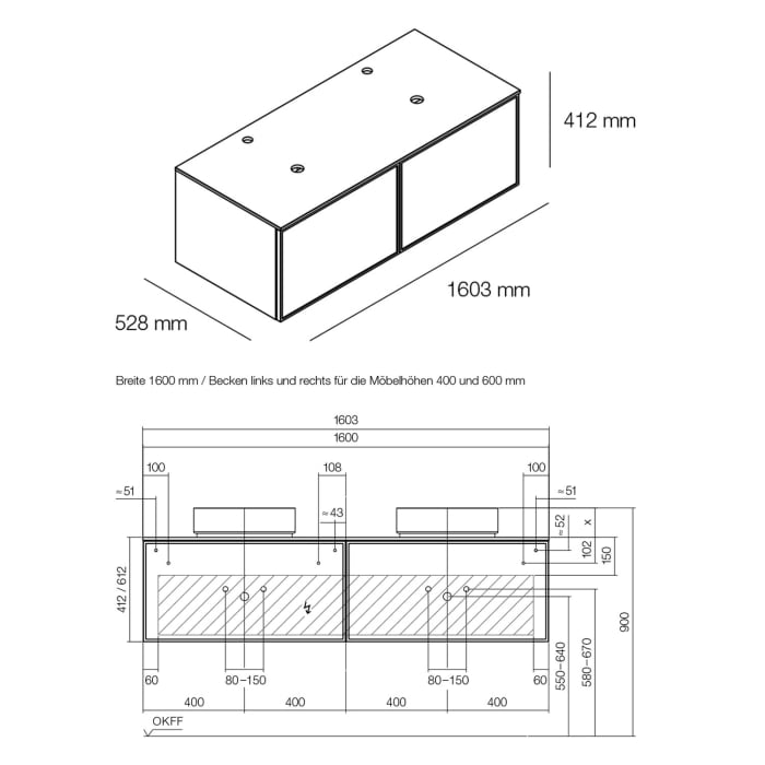 Alape Arkta Möbelmodul mit Trägerplatte 160 cm, Beckenposition links und rechts
