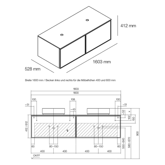 Alape Arkta Möbelmodul mit Trägerplatte 160 cm, Beckenposition links und rechts