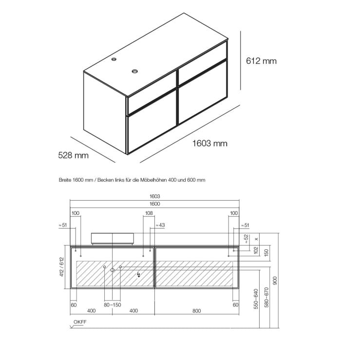 Alape Arkta Möbelmodul mit Trägerplatte 160 cm, Beckenposition links