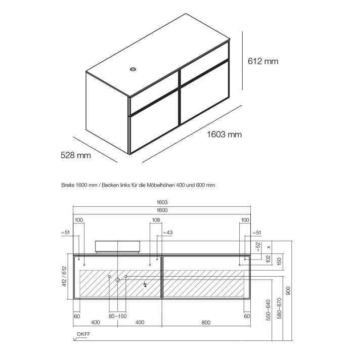 Alape Arkta Möbelmodul mit Trägerplatte 160 cm, Beckenposition links