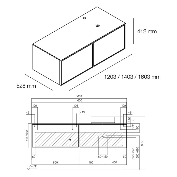 Alape Arkta Möbelmodul mit Trägerplatte 160 cm, Beckenposition rechts