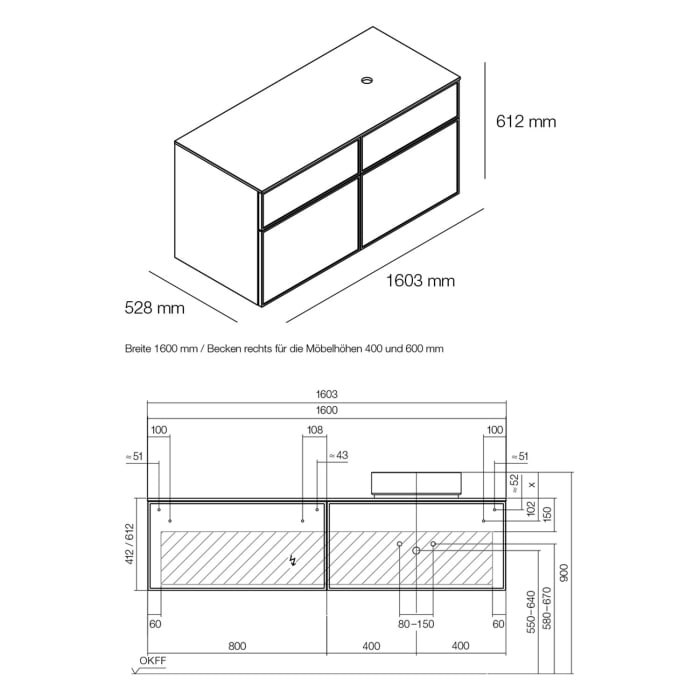 Alape Arkta Möbelmodul mit Trägerplatte 160 cm, Beckenposition rechts