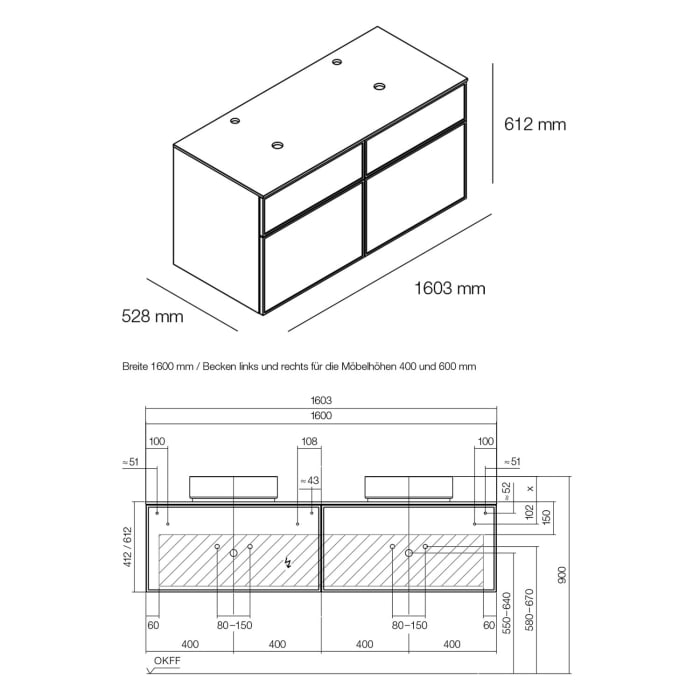 Alape Arkta Möbelmodul mit Trägerplatte 160 cm, Beckenposition links und rechts