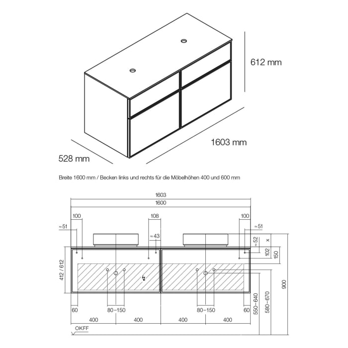 Alape Arkta Möbelmodul mit Trägerplatte 160 cm, Beckenposition links und rechts