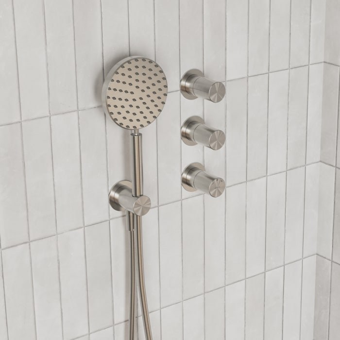 ALLUVION Edelstahl Handbrausegarnitur Ø 14 cm mit Wandanschlussbogen