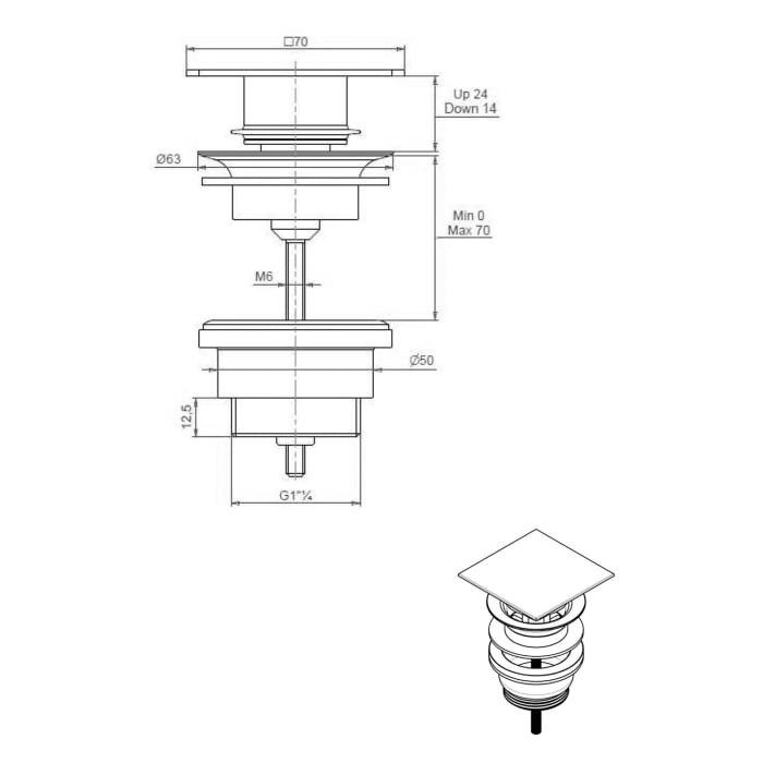 ALLUVION Mercur Push-open Ablaufventil quadratisch