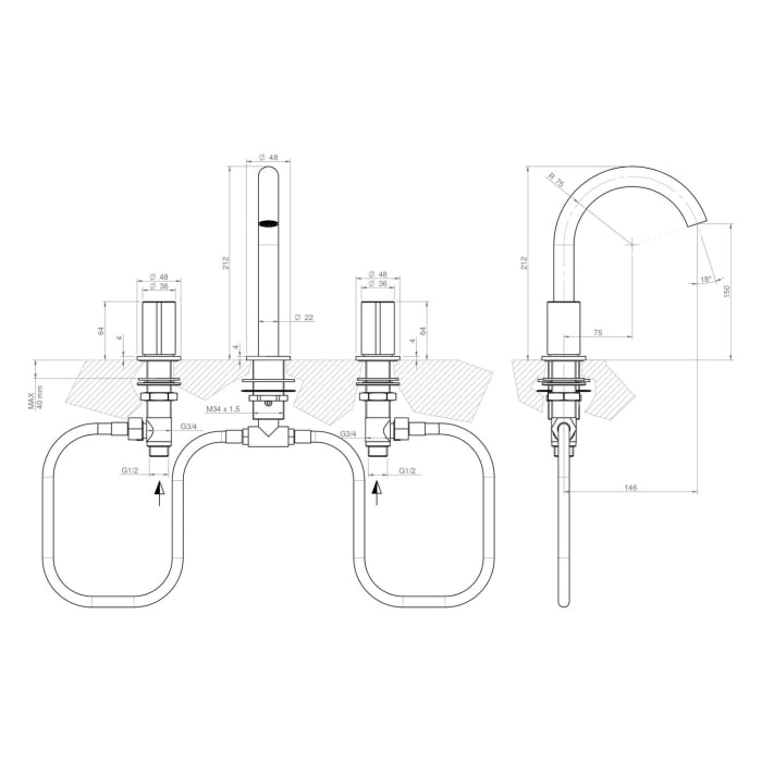 ALLUVION Minerva Edelstahl 3-Loch Waschtischarmatur mit hohem Auslauf 150, wassersparend