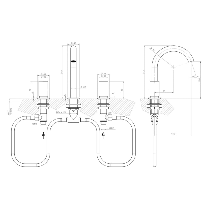 ALLUVION Minerva Edelstahl 3-Loch Waschtischarmatur mit hohem Auslauf 150, wassersparend