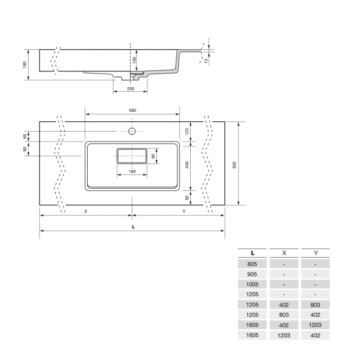 ALLUVION Eros Waschtisch 160 cm, ohne Hahnloch, Becken rechts