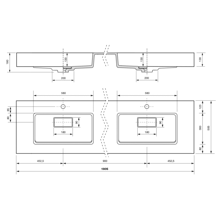 ALLUVION Eros Doppel-Waschtisch 180 cm, mit Hahnloch
