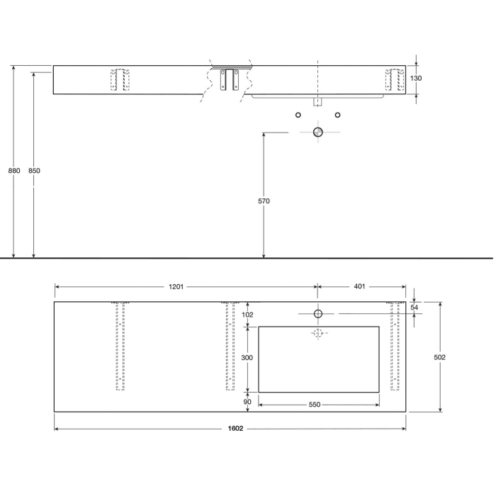 ALLUVION Latona Waschtisch aus Laminam® 160 cm, mit Hahnloch, Becken rechts