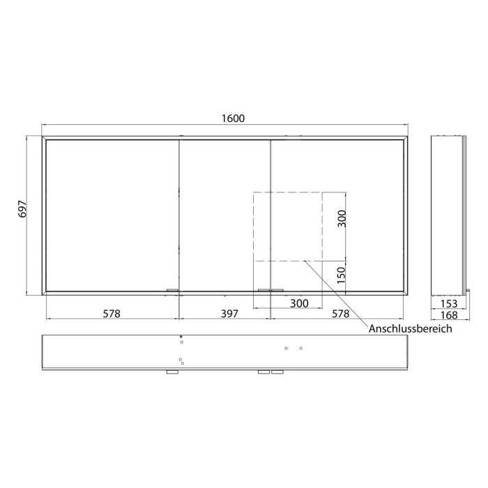 ALLUVION Pluto Spiegelschrank 160 cm, Aufputz, 3-türig