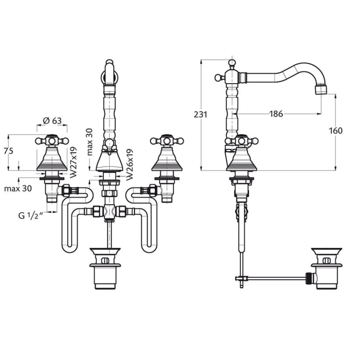 Herzbach ANAIS CLASSIC Waschtisch-Dreilochbatterie Kreuzgriffe mit Ablaufgarnitur