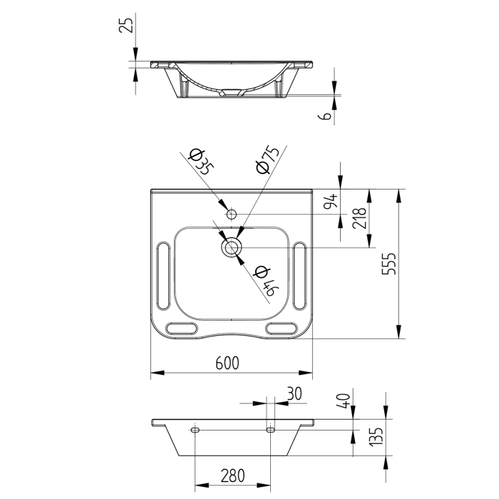 Avenarius Waschtisch  60 x 55,5 cm, mit Überlauf