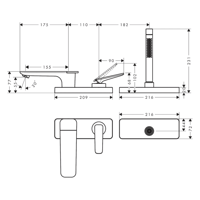 AXOR Citterio C 3-Loch Einhebel-Wannenrandarmatur mit Schlauchbox (sBox) - Cubic cut