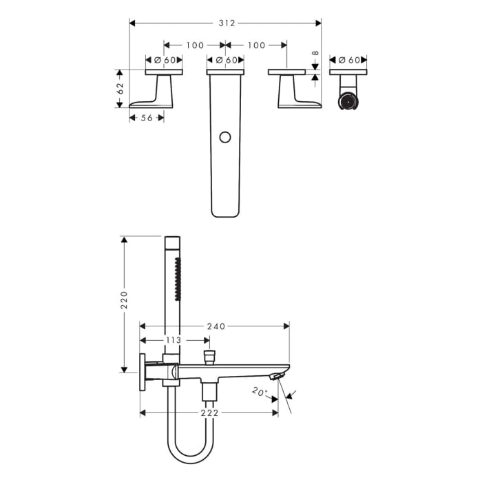 AXOR Citterio C Unterputz 3-Loch Wannenarmatur mit Handbrause - Cubic cut