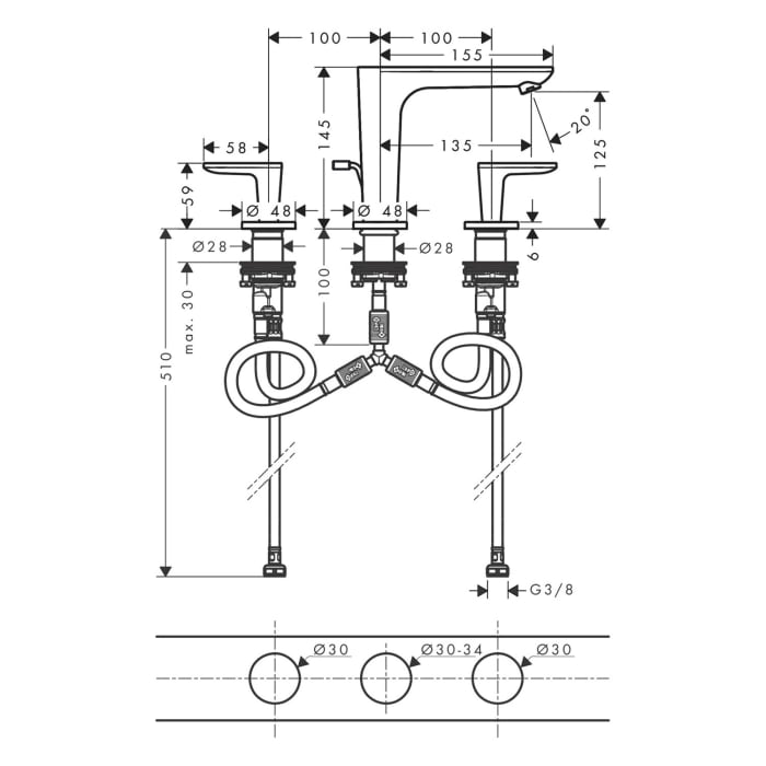 AXOR Citterio C 3-Loch Waschtischarmatur 125 mit Zugstangen-Ablaufgarnitur - Cubic cut