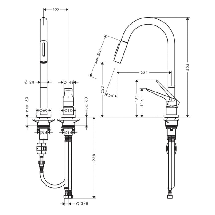 AXOR Citterio M 2-Loch Einhebel-Küchenarmatur 220 mit Ausziehbrause Eco