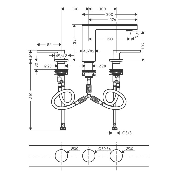 AXOR MyEdition 3-Loch Waschtischarmatur 110 mit Push-Open Ablaufgarnitur ohne Platte