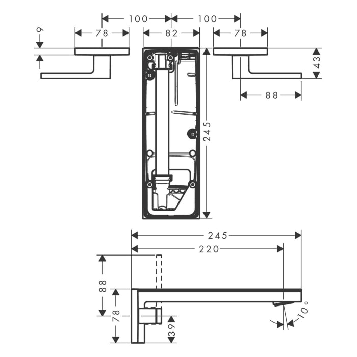 AXOR MyEdition 3-Loch Waschtischarmatur Unterputz für Wandmontage mit Auslauf 221 mm, ohne Platte