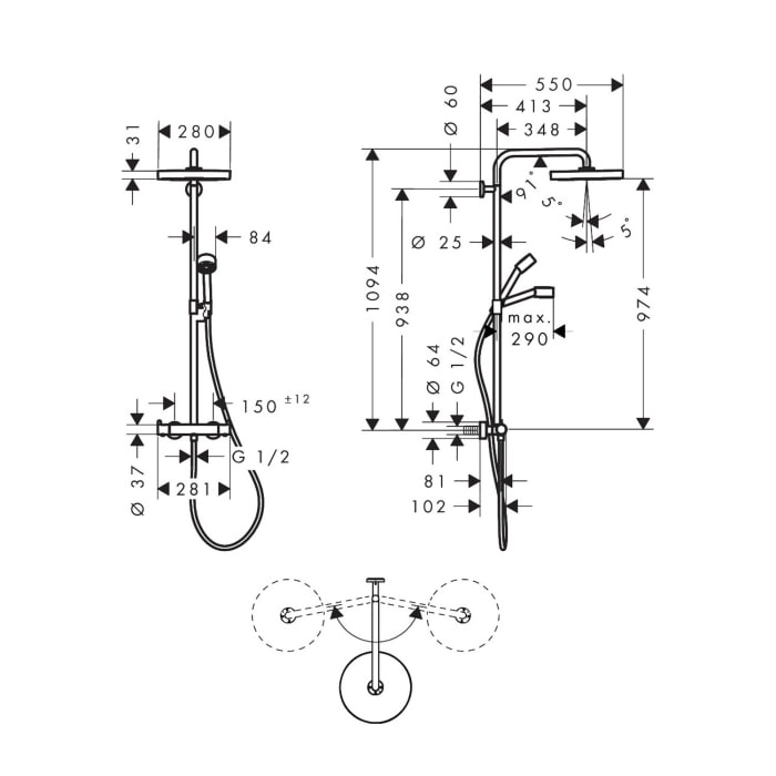 AXOR One Duschsystem mit Aufputz-Thermostat und Kopfbrause 280 1jet