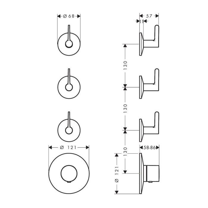 AXOR One Thermostatmodul Unterputz für 3 Verbraucher mit Hebelgriffen, Rosetten rund