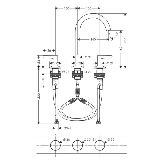AXOR One 3-Loch Waschtischarmatur 170 mit Hebelgriffen und Push-Open Ablaufgarnitur