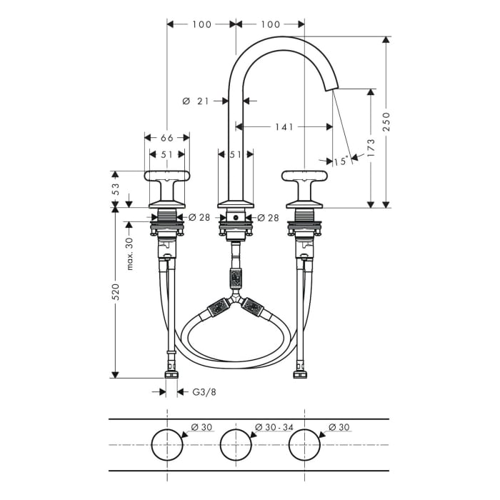 AXOR One 3-Loch Waschtischarmatur 170 mit Kreuzgriffen und Push-Open Ablaufgarnitur