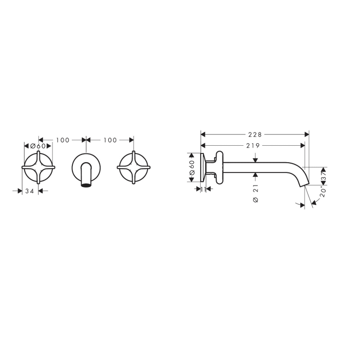 AXOR One 3-Loch Waschtischarmatur UP für Wandmontage mit Kreuzgriffen und Auslauf 22 cm