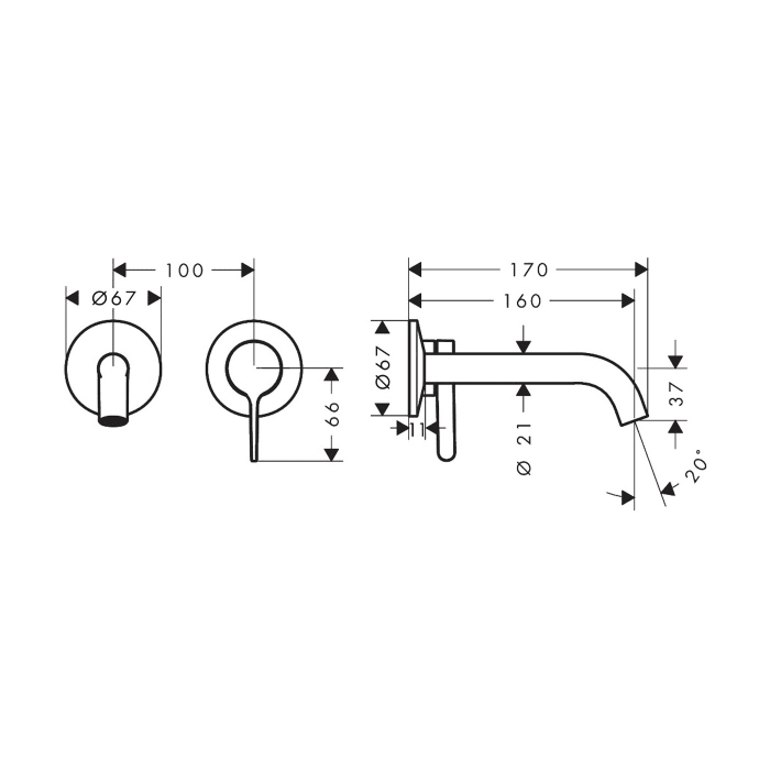 AXOR One 2-Loch Waschtischarmatur UP für Wandmontage mit Hebelgriff und Auslauf 16 cm