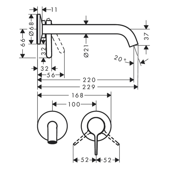 AXOR One Einhebel-Waschtischmischer UP für Wandmontage mit Hebelgriff und Auslauf 220