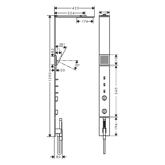 AXOR ShowerComposition Duschpaneel mit Thermostat, Duschkopf 110/220 1 Strahlart und Schulterbrause