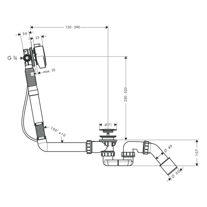 AXOR Exafill S Wannenein-, Ab-und Überlaufgarnitur Komplettset für Sonderwannen