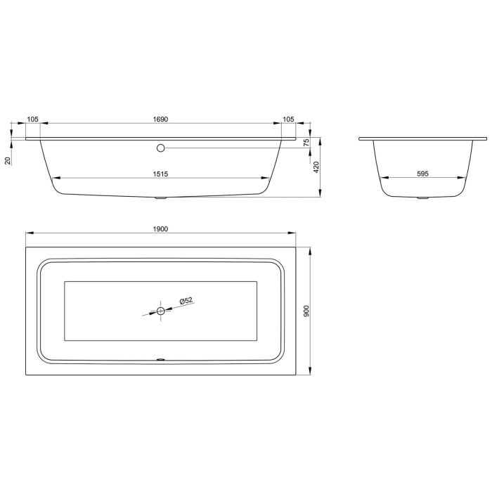 Bette One Badewanne 190 x 90 mit rundem Ablauf