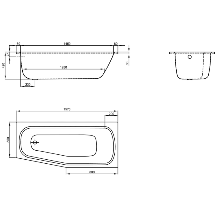 Bette Bambino Raumsparwanne 157 x 70 cm links mit Griffbohrung
