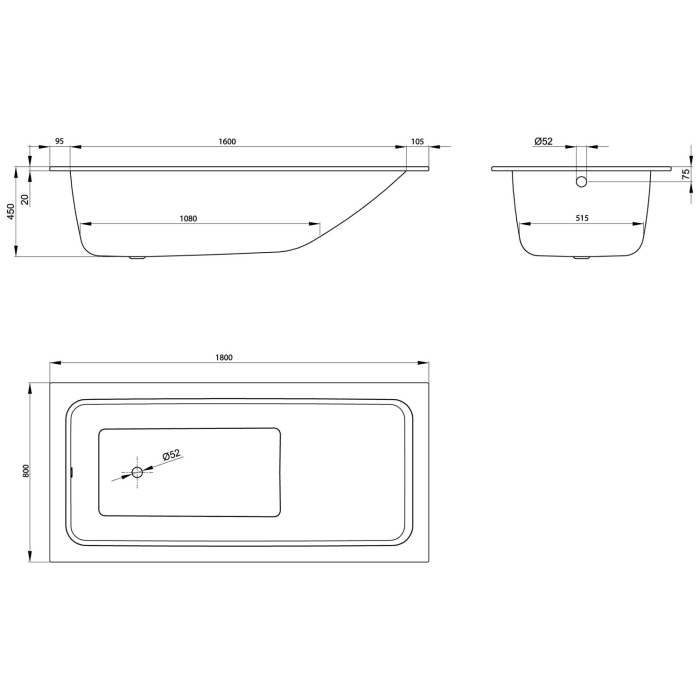 Bette One Relax Badewanne 180 x 80 mit rundem Ablauf