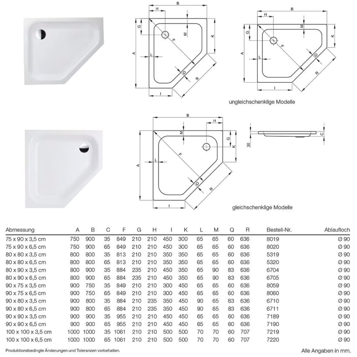Bette Caro 5-Eck Duschwanne ohne Schürze 90 x 90 x 3,5 cm mit Antirutsch Sense