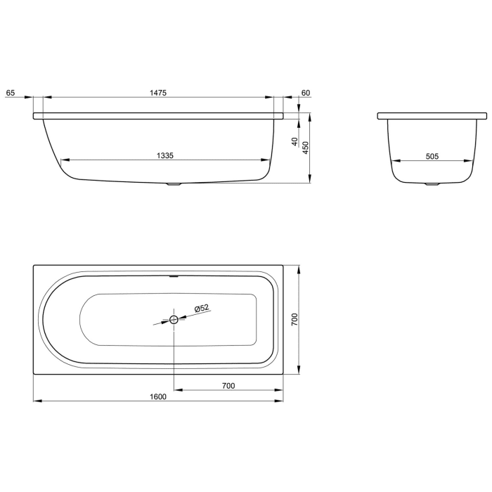 Bette Ocean Badewanne 160 x 70 x 45 cm, Überlauf hinten
