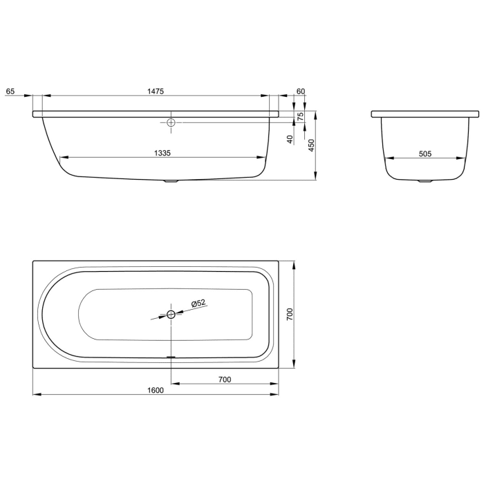 Bette Ocean Badewanne 160 x 70 x 45 cm, Überlauf vorne