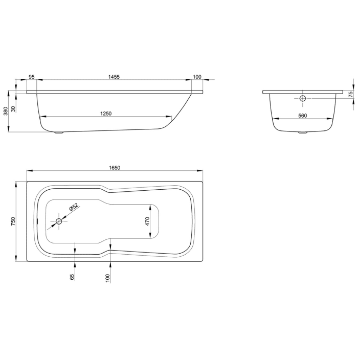 Bette Set Badewanne 165 x 75 x 38 cm mit Griffbohrung