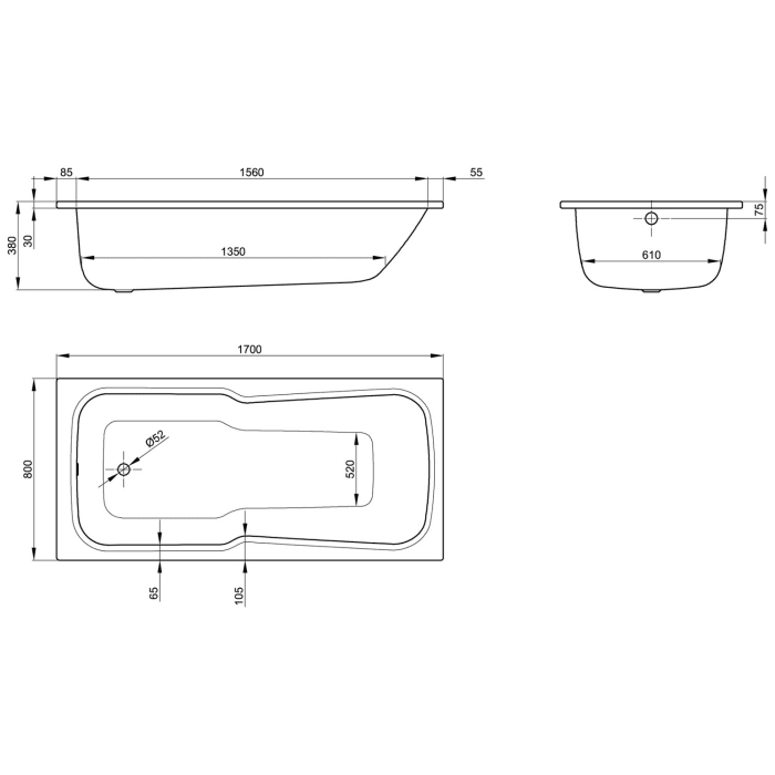 Bette Set Badewanne 170 x 80 x 38 cm mit Griffbohrung