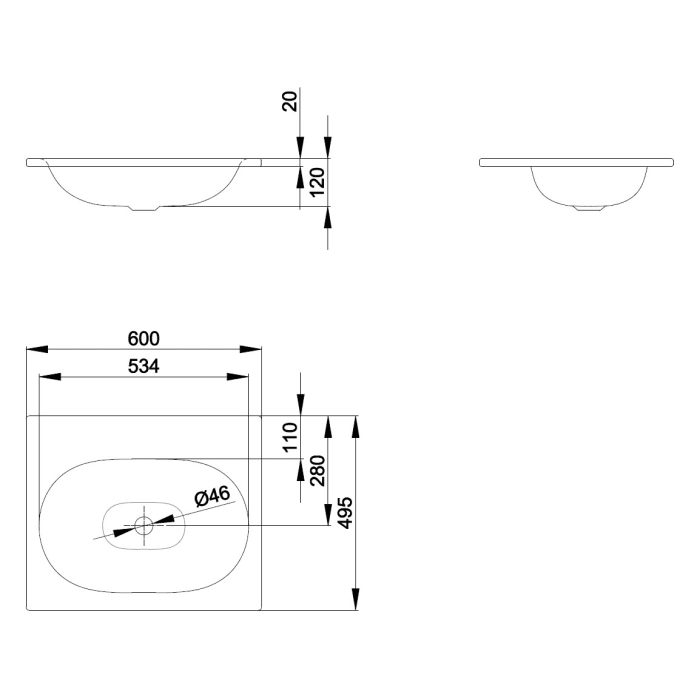 BetteComodo Einbau-Waschtisch 60 x 49,5 cm ohne Hahnloch