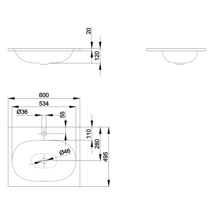 BetteComodo Einbau-Waschtisch 60 x 49,5 cm mit Hahnloch und BetteGlasur® Plus