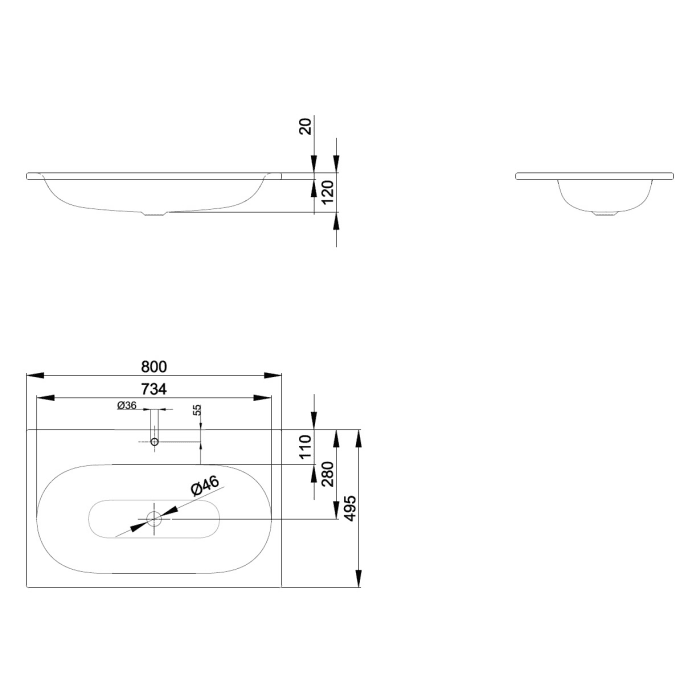 BetteComodo Einbau-Waschtisch 80 x 49,5 cm mit Hahnloch