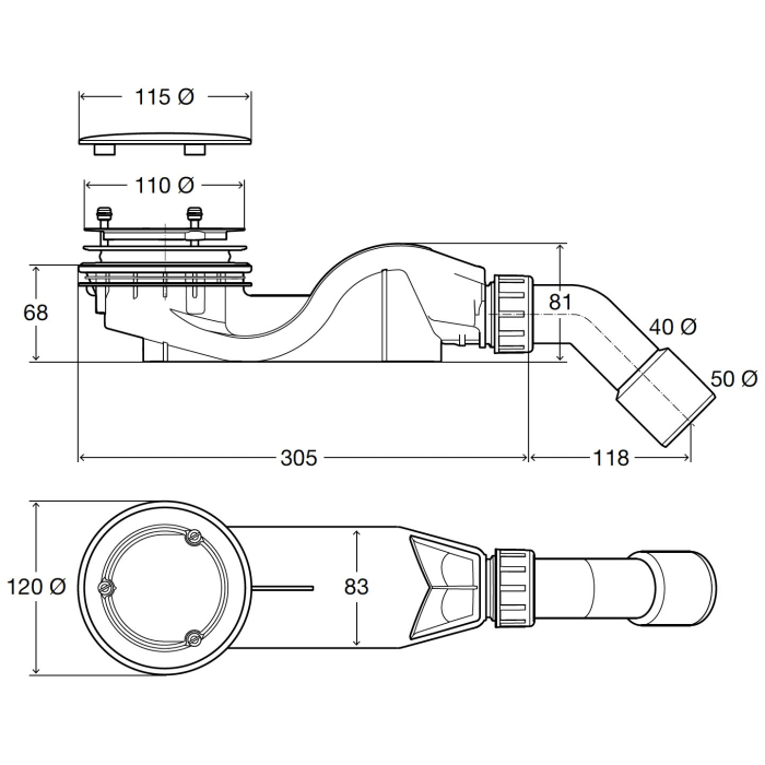 Bette BetteSolid 50 Ablaufgarnitur, seitlich, mit Antirutsch Pro